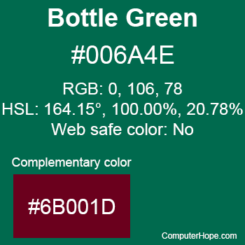 Example of Bottle Green color or HTML color code #006A4E.
