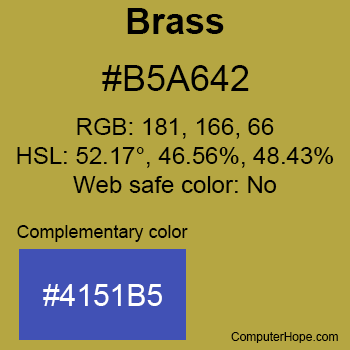 Example of Brass color or HTML color code #B5A642 with complementary color #4151B5.