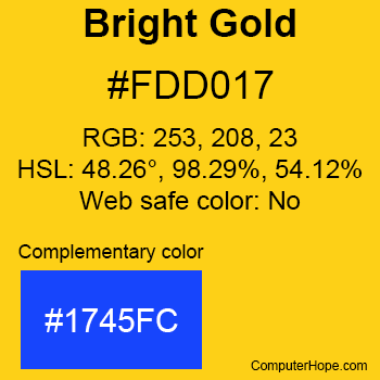 Example of Bright Gold color or HTML color code #FDD017 with complementary color #1745FC.