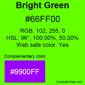 Example of Bright Green color or HTML color code #66FF00 with complementary color #9900FF.