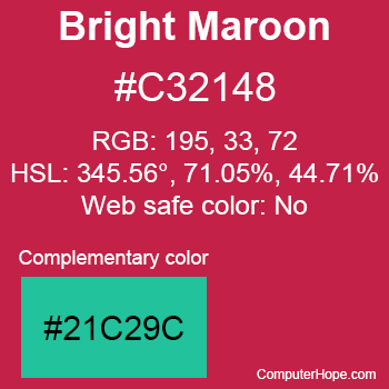 Example of Bright Maroon color or HTML color code #C32148 with complementary color #21C29C.