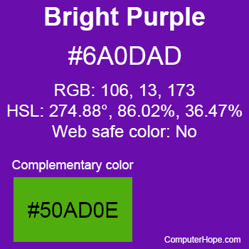 Example of Bright Purple color or HTML color code #6A0DAD with complementary color #50AD0E.