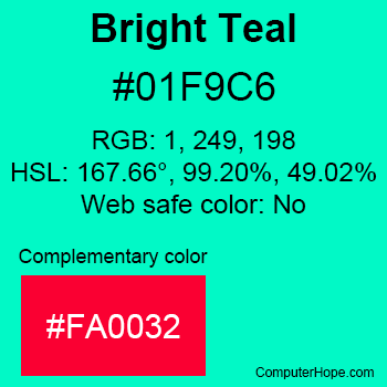 Example of Bright Teal color or HTML color code #01F9C6 with complementary color #FA0032.