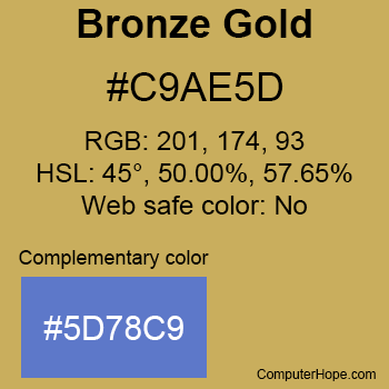 Example of Bronze Gold color or HTML color code #C9AE5D with complementary color #5D78C9.