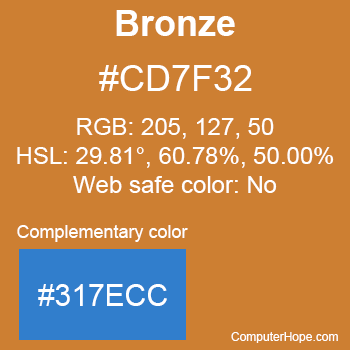 Example of Bronze color or HTML color code #CD7F32 with complementary color #317ECC.