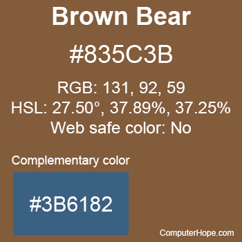 Example of Brown Bear color or HTML color code #835C3B with complementary color #3B6182.