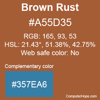 Example of Brown Rust color or HTML color code #A55D35 with complementary color #357EA6.