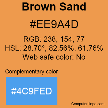 Example of Brown Sand color or HTML color code #EE9A4D with complementary color #4C9FED.
