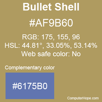 Example of Bullet Shell color or HTML color code #AF9B60 with complementary color #6175B0.
