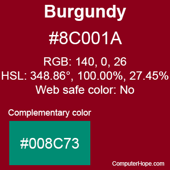 Example of Burgundy color or HTML color code #8C001A.