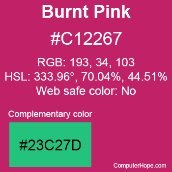 Example of Burnt Pink color or HTML color code #C12267 with complementary color #23C27D.