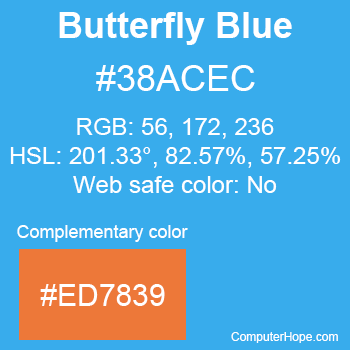 Example of Butterfly Blue color or HTML color code #38ACEC with complementary color #ED7839.
