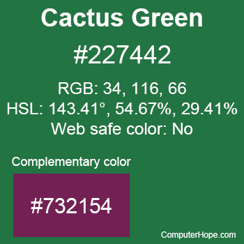 Example of Cactus Green color or HTML color code #227442 with complementary color #732154.