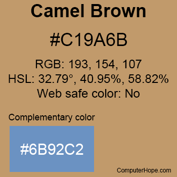 Example of Camel Brown color or HTML color code #C19A6B with complementary color #6B92C2.