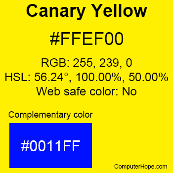 Example of Canary Yellow color or HTML color code #FFEF00 with complementary color #0011FF.