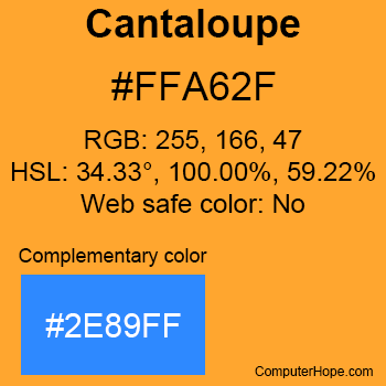 Example of Cantaloupe color or HTML color code #FFA62F with complementary color #2E89FF.