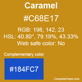 Example of Caramel color or HTML color code #C68E17 with complementary color #184FC7.
