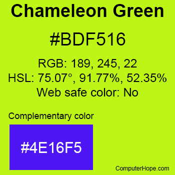 Example of Chameleon Green color or HTML color code #BDF516 with complementary color #4E16F5.