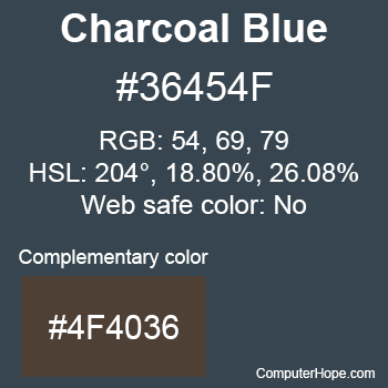 Example of Charcoal Blue color or HTML color code #36454F with complementary color #4F4036.