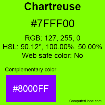 Example of Chartreuse color or HTML color code #7FFF00 with complementary color #8000FF.