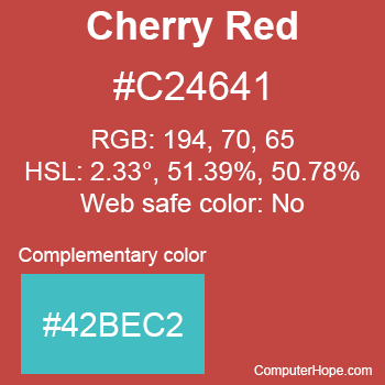 Example of Cherry Red color or HTML color code #C24641 with complementary color #42BEC2.