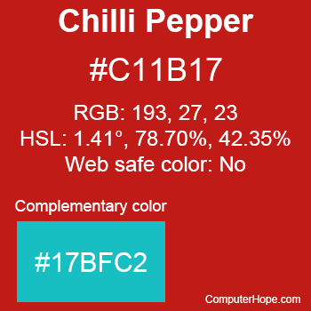 Example of Chilli Pepper color or HTML color code #C11B17 with complementary color #17BFC2.