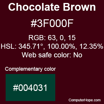 Example of Chocolate Brown color or HTML color code #3F000F with complementary color #004031.