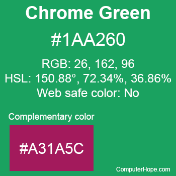 Example of Chrome Green color or HTML color code #1AA260 with complementary color #A31A5C.