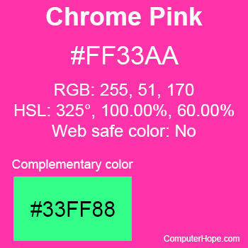 Example of Chrome Pink color or HTML color code #FF33AA with complementary color #33FF88.