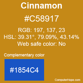 Example of Cinnamon color or HTML color code #C58917 with complementary color #1854C4.