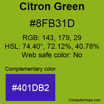 Example of Citron Green color or HTML color code #8FB31D with complementary color #401DB2.