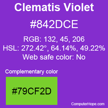 Example of Clematis Violet color or HTML color code #842DCE with complementary color #79CF2D.