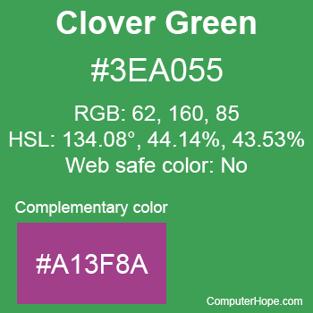 Example of Clover Green color or HTML color code #3EA055 with complementary color #A13F8A.