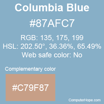 Example of Columbia Blue color or HTML color code #87AFC7 with complementary color #C79F87.