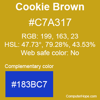 Example of Cookie Brown color or HTML color code #C7A317 with complementary color #183BC7.