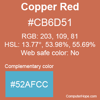 Example of Copper Red color or HTML color code #CB6D51 with complementary color #52AFCC.
