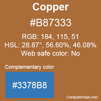 Example of Copper color or HTML color code #B87333 with complementary color #3378B8.