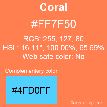Example of Coral color or HTML color code #FF7F50 with complementary color #4FD0FF.