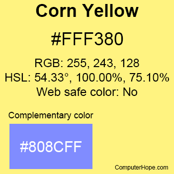 Example of Corn Yellow color or HTML color code #FFF380 with complementary color #808CFF.