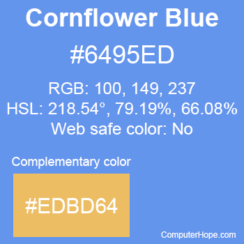 Example of CornflowerBlue color or HTML color code #6495ED with complementary color #EDBD64.