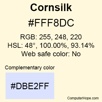 Example of Cornsilk color or HTML color code #FFF8DC.