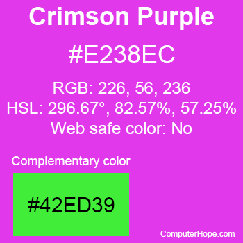 Example of Crimson Purple color or HTML color code #E238EC with complementary color #42ED39.