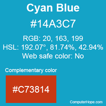 Example of Cyan Blue color or HTML color code #14A3C7 with complementary color #C73814.