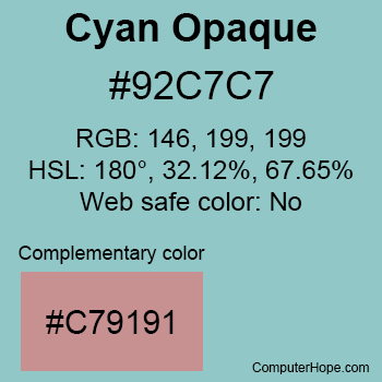 Example of Cyan Opaque color or HTML color code #92C7C7 with complementary color #C79191.