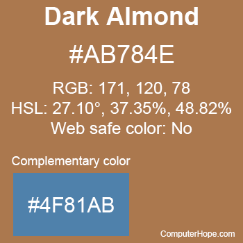 Example of Dark Almond color or HTML color code #AB784E with complementary color #4F81AB.