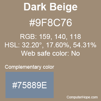 Example of Dark Beige color or HTML color code #9F8C76 with complementary color #75889E.