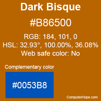 Example of Dark Bisque color or HTML color code #B86500 with complementary color #0053B8.