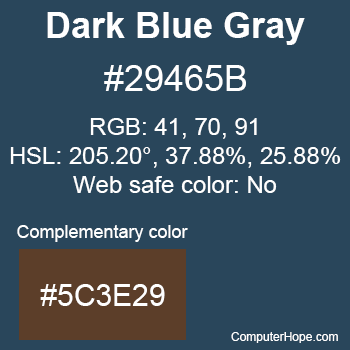 Example of Dark Blue Gray color or HTML color code #29465B with complementary color #5C3E29.