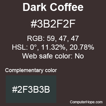 Example of Dark Coffee color or HTML color code #3B2F2F with complementary color #2F3B3B.