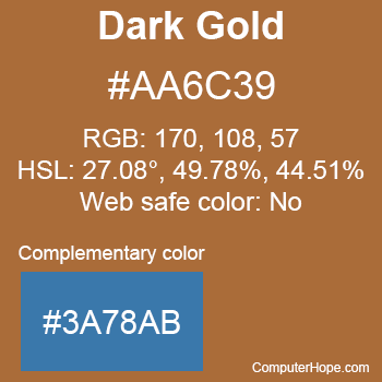 Example of Dark Gold color or HTML color code #AA6C39 with complementary color #3A78AB.